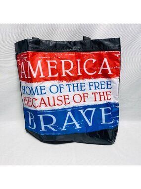 Patriotic Reusable Tote Bag With "America Home Of The Free" Red White Blue